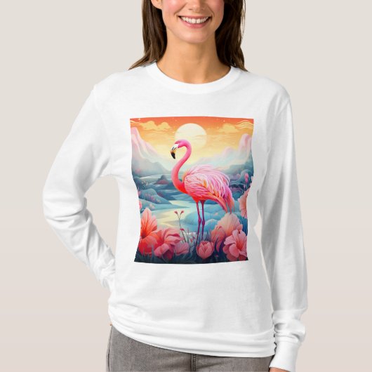 Tropisches Flamingo mit Blume T-Shirt (Vorderseite)