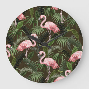 Tropisches Flamingo-Muster: Vintage-Blätter Große Wanduhr