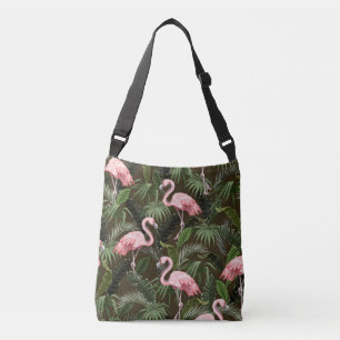 Tropisches Flamingo-Muster: Vintage-Blätter Tragetaschen Mit Langen Trägern