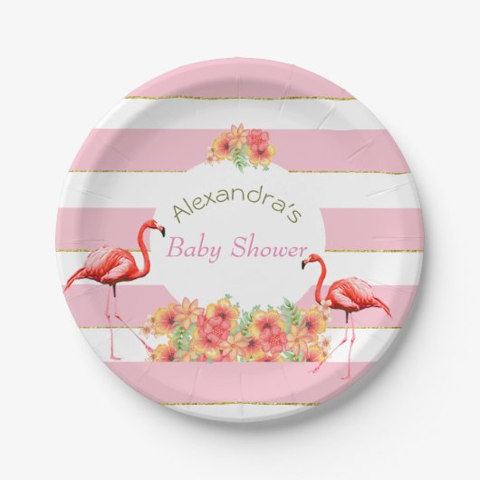 Tropisches Flamingo Pink Stripe Baby Dusche Pappteller (Vorderseite)