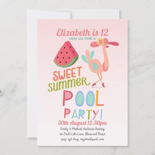 Tropisches Flamingo POOL PARTY Pink Water Melon Gi Einladung (Vorderseite)