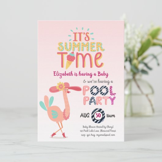 Tropisches Flamingo POOL Party Rosa Blau Quirky Sp Einladung (Stehend Vorderseite)
