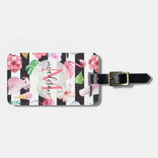 Tropisches Flamingo-Schwarzes Streifen Monogramm Gepäckanhänger (Vorderseite horizontal)