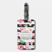 Tropisches Flamingo-Schwarzes Streifen Monogramm Gepäckanhänger (Rückseite vertikal)