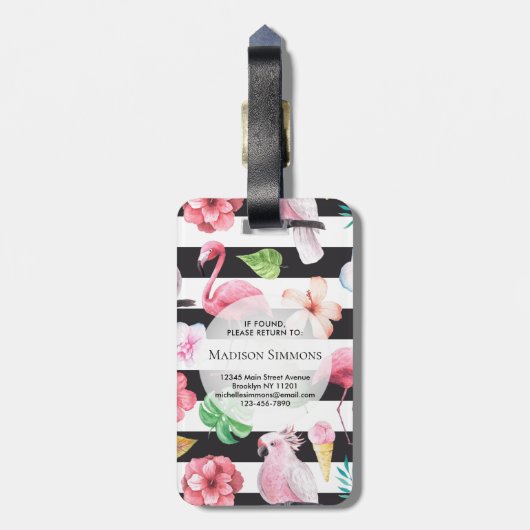 Tropisches Flamingo-Schwarzes Streifen Monogramm Gepäckanhänger (Rückseite vertikal)