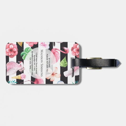 Tropisches Flamingo-Schwarzes Streifen Monogramm Gepäckanhänger (Rückseite horizontal)