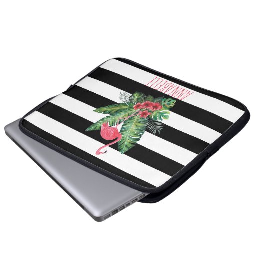 Tropisches Flamingo und Blume Streifen Laptopschutzhülle (Vorne Knopf)