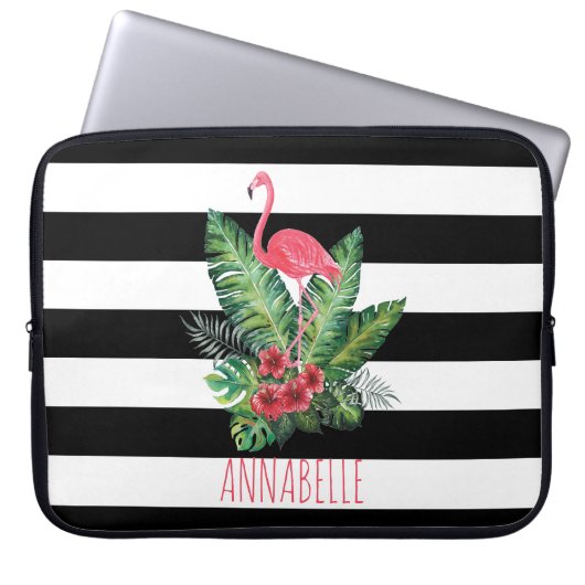 Tropisches Flamingo und Blume Streifen Laptopschutzhülle (Vorderseite)