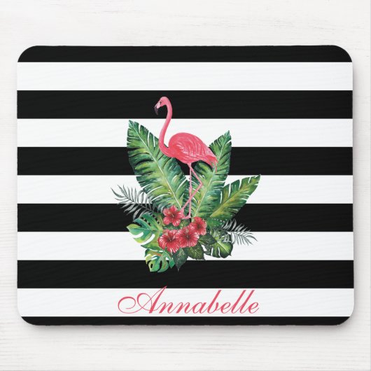 Tropisches Flamingo und Blume Streifen Mousepad (Vorne)