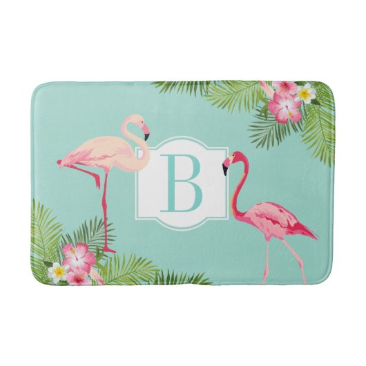 Tropisches Flamingo und Hibiskus Blume Monogram Badematte (Vorderseite)