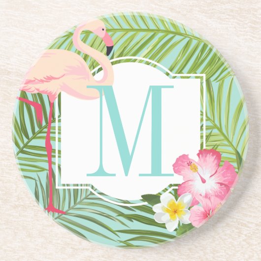 Tropisches Flamingo und Hibiskus Blume Monogram Getränkeuntersetzer (Vorne)