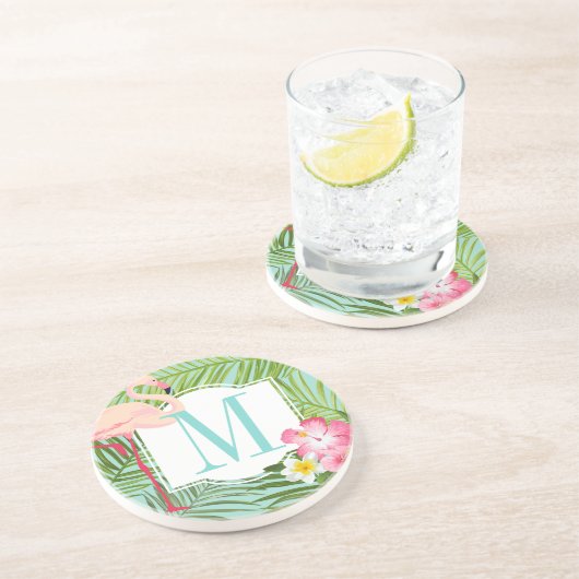 Tropisches Flamingo und Hibiskus Blume Monogram Getränkeuntersetzer (Seite)