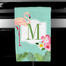 Tropisches Flamingo und Hibiskus Blume Monogram Handtuch