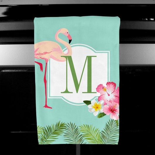 Tropisches Flamingo und Hibiskus Blume Monogram Handtuch