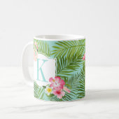 Tropisches Flamingo und Hibiskus Blume Monogram Kaffeetasse (Vorderseite Links)