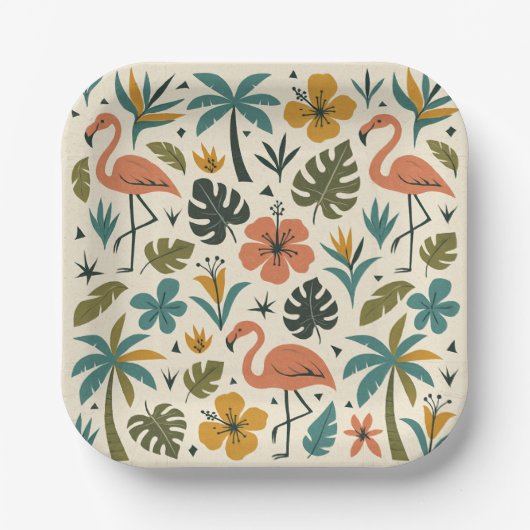 Tropisches Flamingo- und Palmenbaum-Muster Pappteller (Vorderseite)