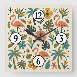 Tropisches Flamingo- und Palmenbaum-Muster Quadratische Wanduhr