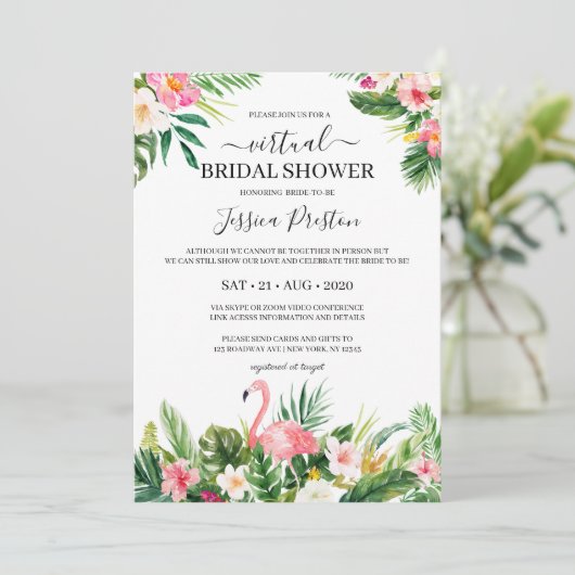 Tropisches Flamingo und virtuelles Brautparty mit  Einladung (Stehend Vorderseite)
