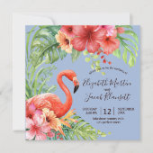 Tropisches Flamingos & Hibiskus Hochzeit Einladung (Vorderseite)