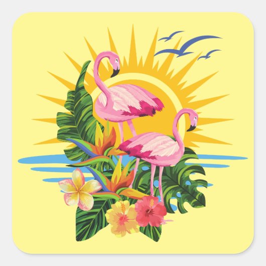Tropisches Flamingos Sonnenschein und Blume Quadratischer Aufkleber (Vorderseite)