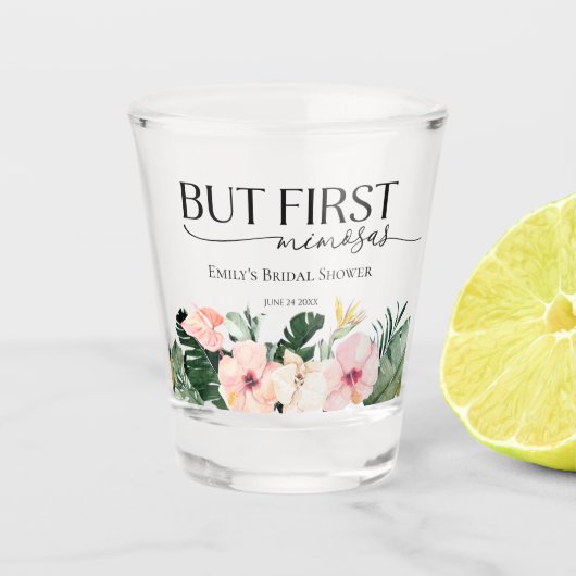 Tropisches, florales, aber erstes Mimosas-Brautpar Schnapsglas (Vorderseite)