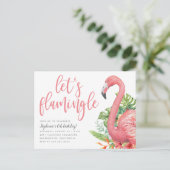 Tropisches Foliage Flamingo Let's Flamingle Geburt Einladungspostkarte (Stehend Vorderseite)