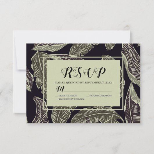 Tropisches Foliage Grün Schwarzes Script RSVP Karte (Vorderseite)