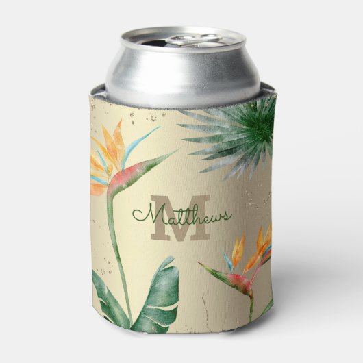 Tropisches Foliage Palm Floral Monogram Script Dosenkühler (Kanne Vorderseite)