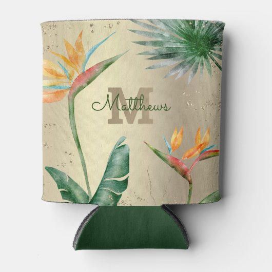 Tropisches Foliage Palm Floral Monogram Script Dosenkühler (Vorderseite)