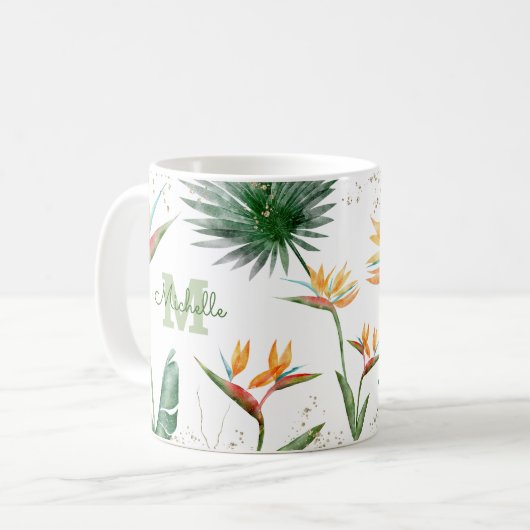 Tropisches Foliage Palm Floral Monogram Script Kaffeetasse (Vorderseite Links)
