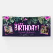 Tropisches Foliage Rosa Neon Happy Birthday Foto Banner (Horizontal)