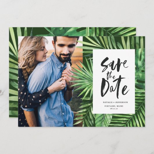Tropisches Foto aus Palmblättern und Blattblättern Save The Date (Vorne/Hinten)