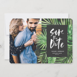 Tropisches Foto aus Palmblättern und Blattblättern Save The Date