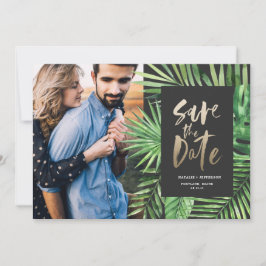 Tropisches Foto aus Palmblättern und Blattgold Save The Date