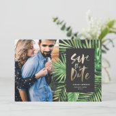 Tropisches Foto aus Palmblättern und Blattgold Save The Date (Stehend Vorderseite)