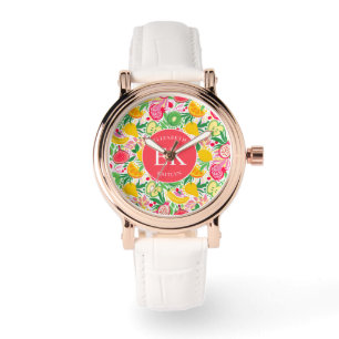 Tropisches Frucht-Monogramm-Wasserfarben-Sommer-Mu Armbanduhr