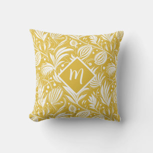 Tropisches gelbes Blumenmuster Diamant-Monogramm  Kissen
