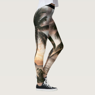 Tropisches gelbes Sonnenuntergang-Palme-Meer-Meer Leggings