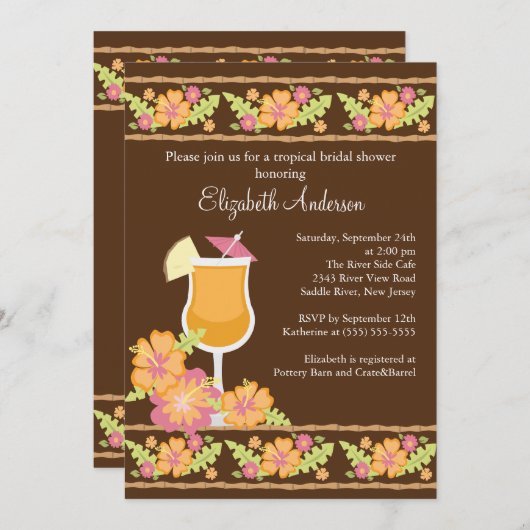 Tropisches Getränk-Hibiskus-Blumen-Brautparty Einladung (Vorne/Hinten)