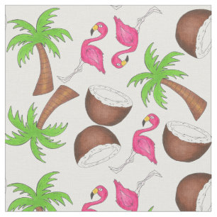 Tropisches Gewebe (Kokosnüsse, Palmen, Flamingos) Stoff