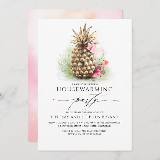 Tropisches Gold Ananas Beach Floral Housewarming Einladung (Vorne/Hinten)