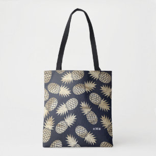 Tropisches Gold Foil Ananas Muster Blaues Monogram Tasche
