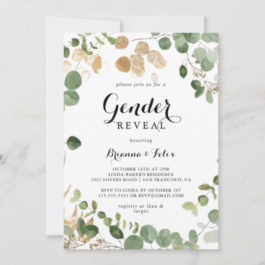 Tropisches Gold Green Foliage Gender Reveal Party Einladung (Vorderseite)