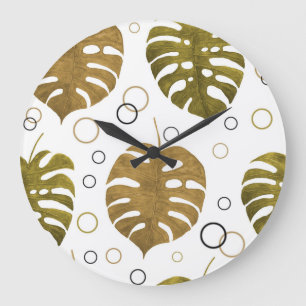 Tropisches Gold: Monstera Leaf Wasserfarbe Große Wanduhr