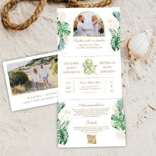 Tropisches Gold Monstera Palme Foto QR Code Hochze Dreifach Gefaltete Einladung