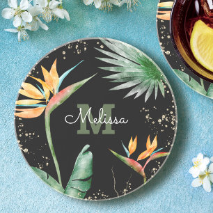 Tropisches Gold Schwarzes Florales Blattmonogramm Getränkeuntersetzer