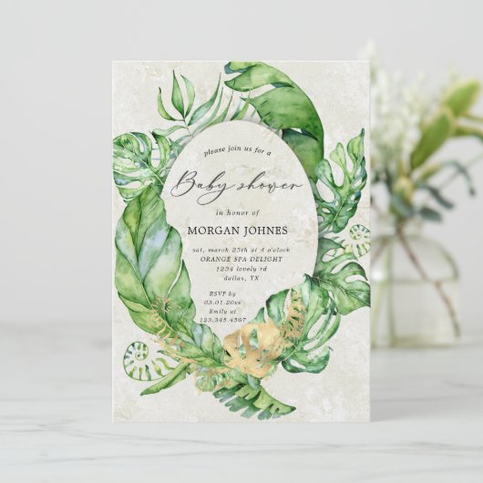 Tropisches goldenes Blattwerk, elegante Babydusche (Stehend Vorderseite)