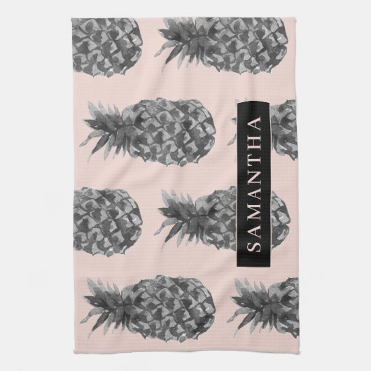 Tropisches Grau-Pink-Ananas-Muster mit Namen Geschirrtuch (Vertikal)