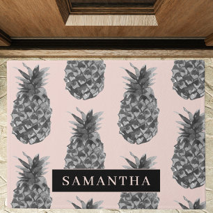 Tropisches Grau & Rosa Ananas-Muster mit Namen Fußmatte