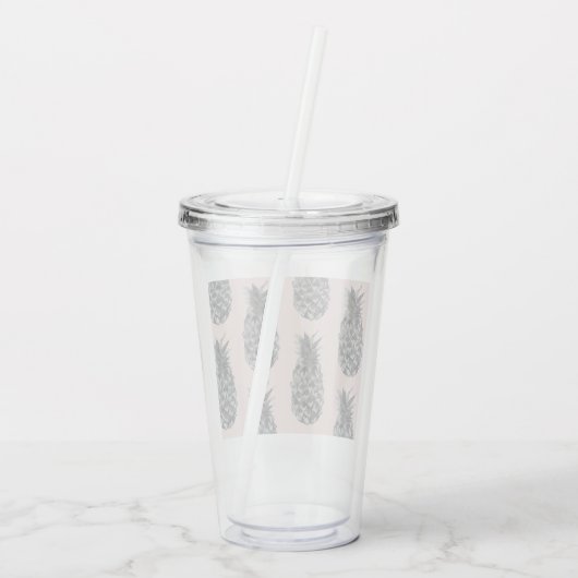 Tropisches Graues und rosa Ananas Nahtloses Muster Acryltrinkbecher (Rückseite)